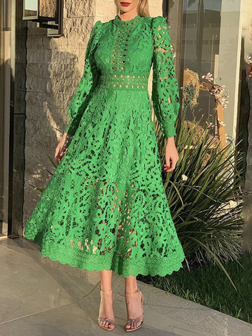 Woochic robe mi-longue brodée à manches longues cintrée traîne vert S